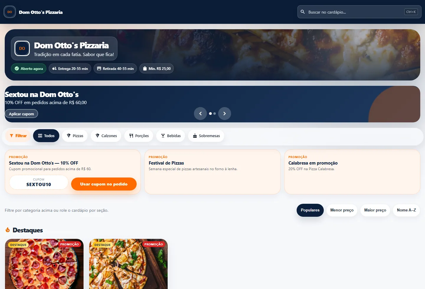 Cardápio digital do SBMenu com destaques e categorias de produtos