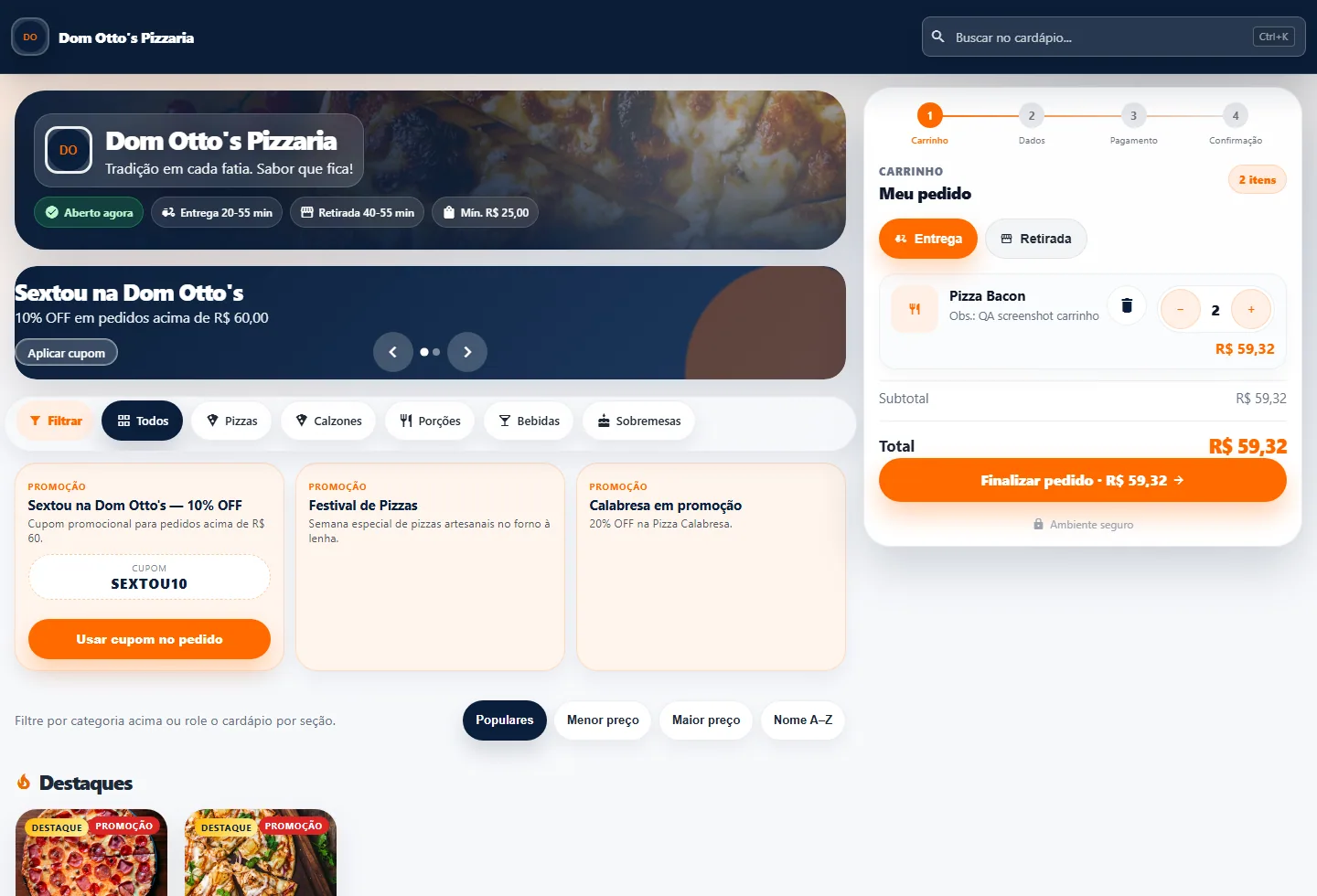 Cardápio digital do SBMenu com carrinho aberto, itens do pedido, entrega ou retirada e botão para finalizar